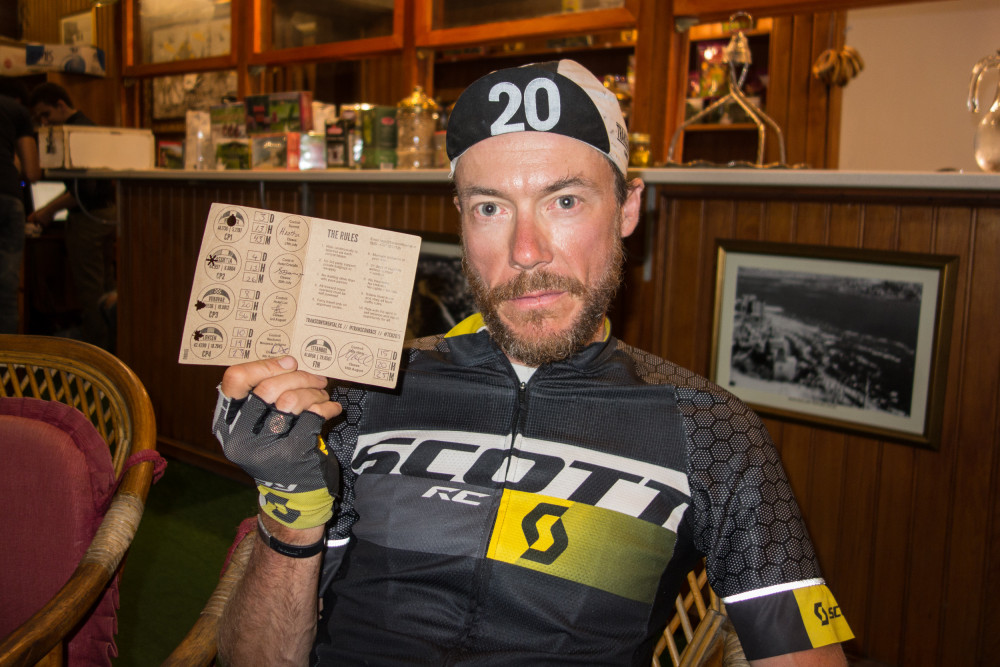 Alain Rumpf and his brevet card at the finish of the 2015 Transcontinental Race